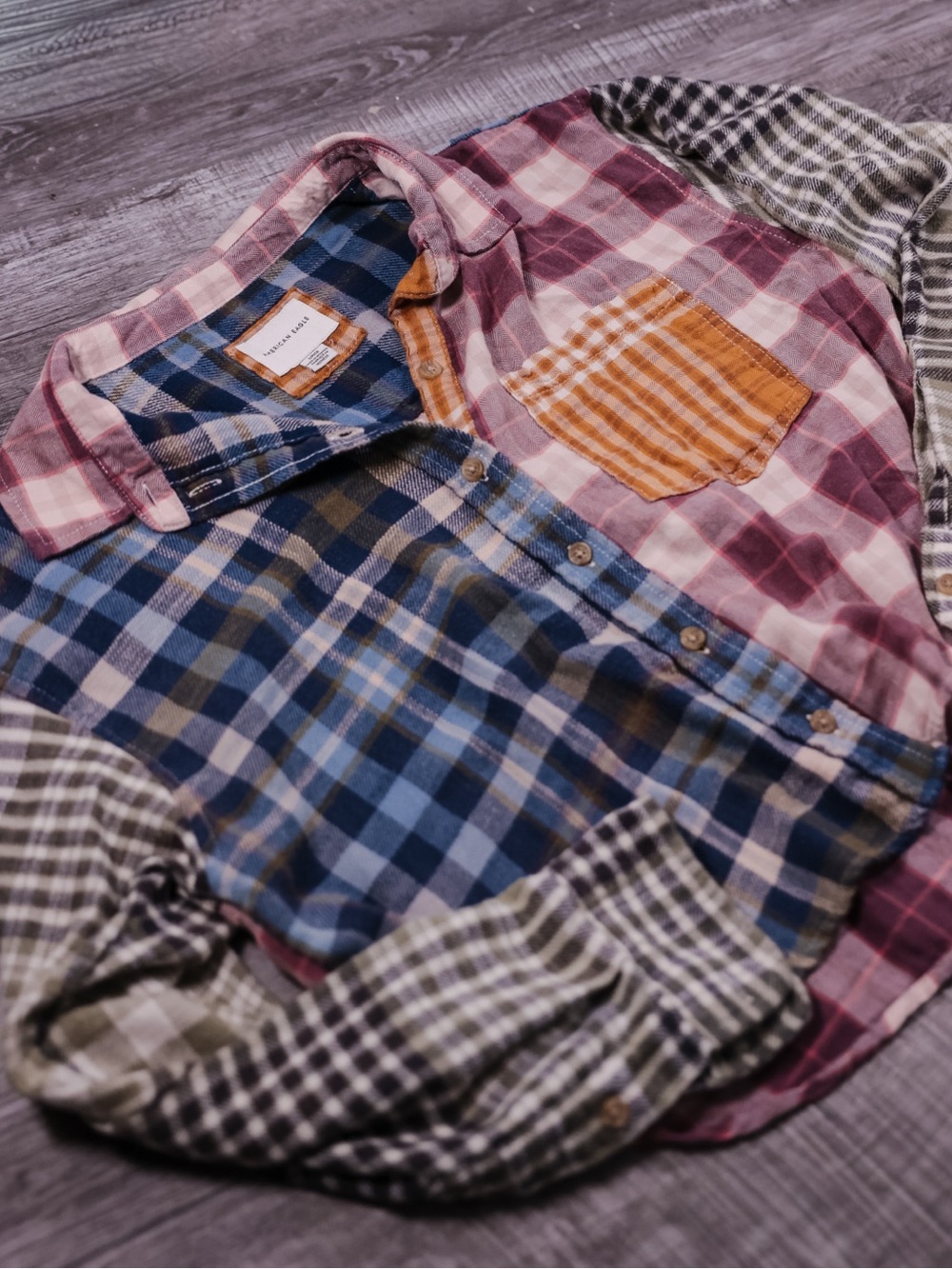 American Eagle Cozy Cabin Cropped Patchwork Flannel Plaid Shirt Grunge Twee